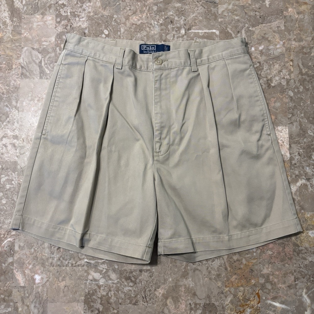 Polo Ralph Lauren Andrew Shorts Mens 34 Khaki Tan Double Pleat Chino 6" Preppy